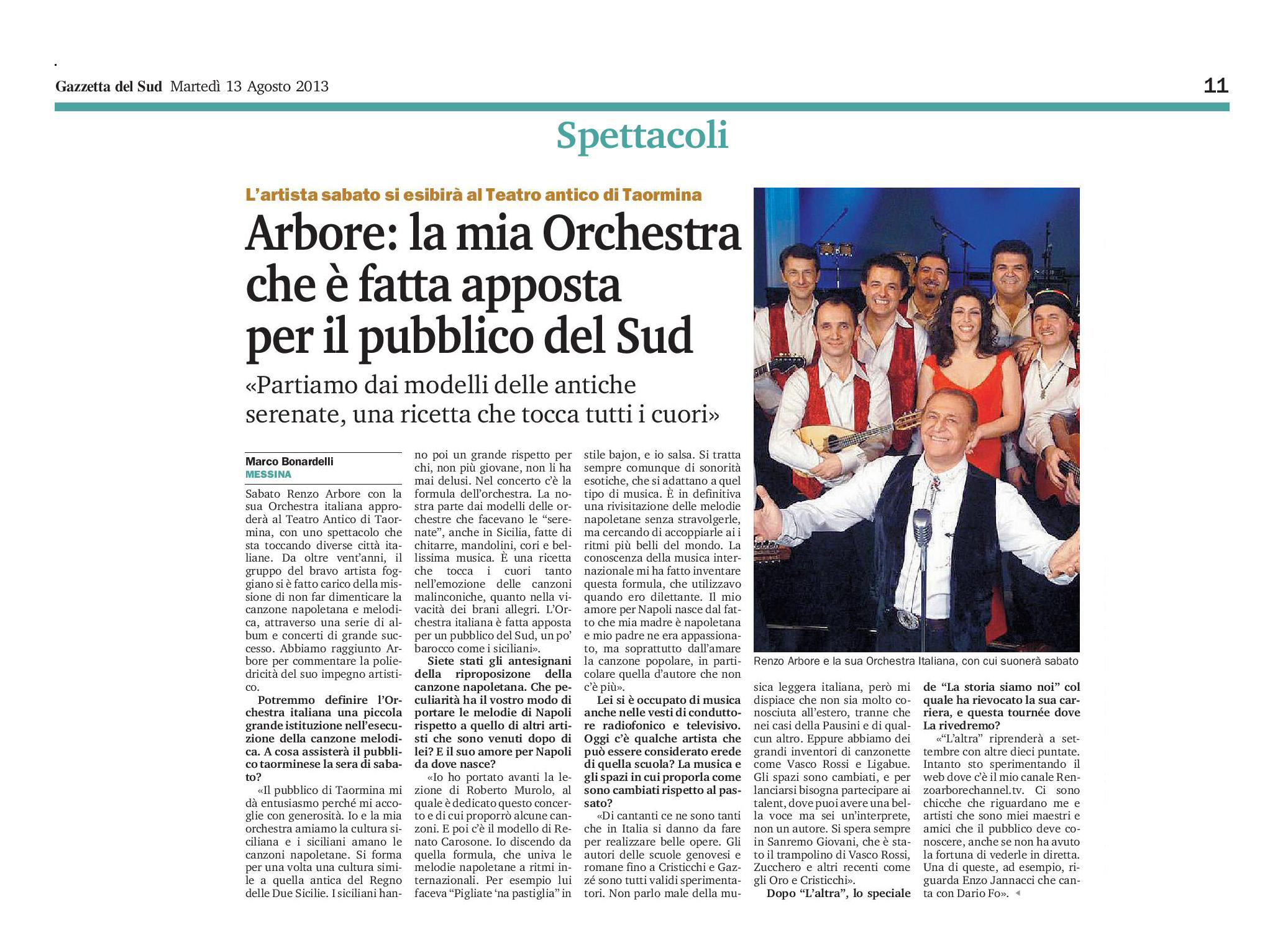 27 - Renzo Arbore - La mia Orchestra che è fatta apposta per il pubblico del Sud  - Gazzetta del Sud - 13 agosto 2013.jpg
