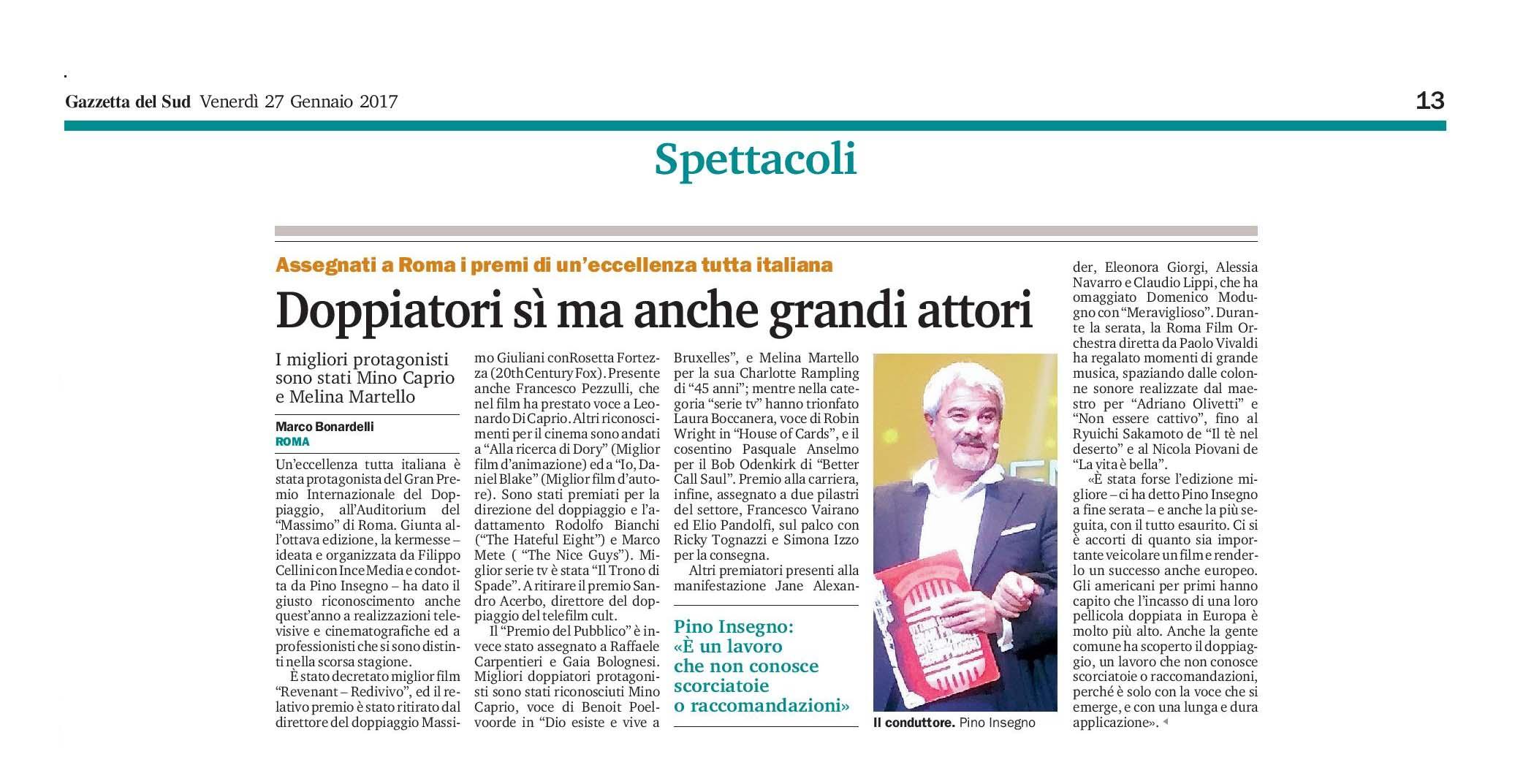 Articolo sul Gran Premio del Doppiaggio per "Gazzetta del Sud"